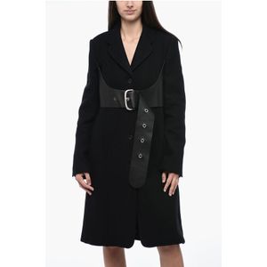 Wolmix wijd uitlopende jas met leren riem in zwart