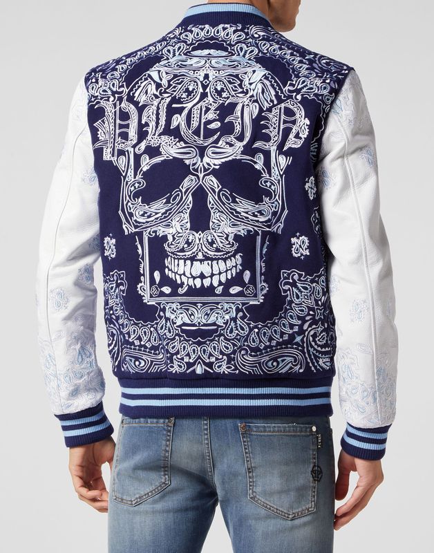 Philipp Plein - Wool and Leather Bomber Paisley Foulard - Jassen - Blauw