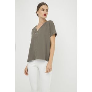 Zomertop - Kaki - V Hals - Geweven Tencel - Metallic Motief