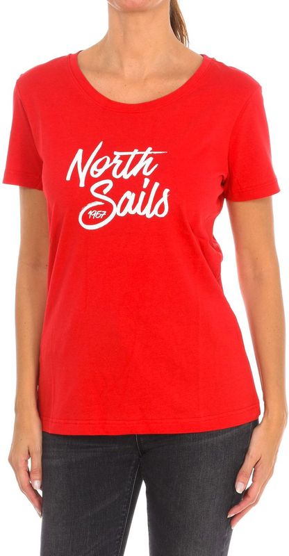 North Sails - T-shirt - Rood - Dames - Katoen - Korte Mouwen - Geribbelde Halslijn