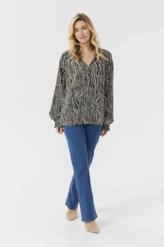 Blouse met lange mouwen Regular fit Black wavy dots black white