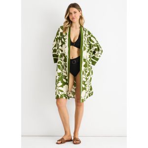 Zwarte zomerkimono met opdruk op het strand