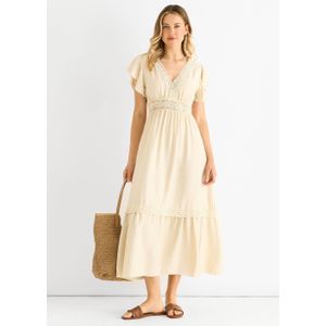 Beige Crochet Kanten Paneel Elastische Taille Midi Dress