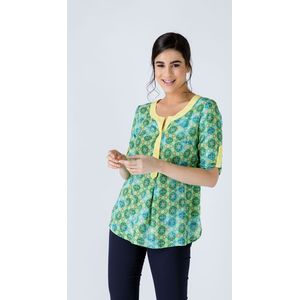 Poplin Top - Geprint - Geel - ¾ Mouwen - Ronde Halslijn met V-opening