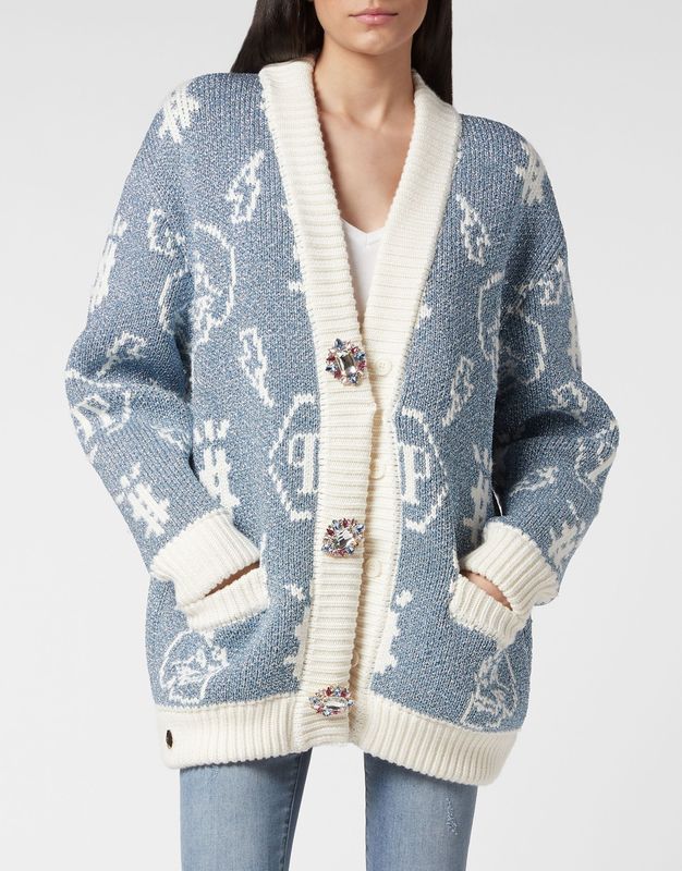 Philipp Plein - Jacquard Cardigan Monogram - Rood - Dames - Merinowol