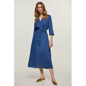 Blauwe Linnen Midi Jurk Met Riem - Maat S