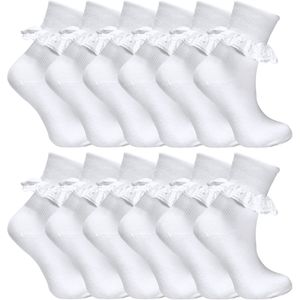 12 Paar Witte Frilly Lace Sokken 7 Maten Sok Snob - Wit
