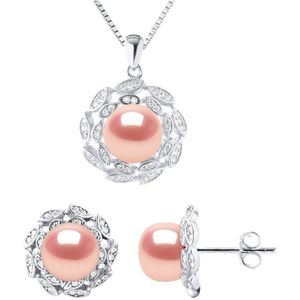 Versiering ketting en oorbellen FLOWER zoetwaterparels 9-10 mm Natural Rose 925