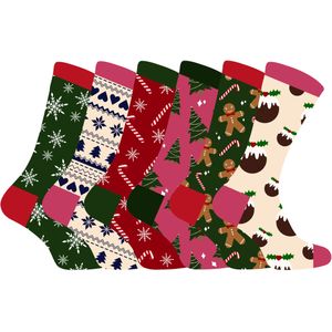 Sock Snob - Damesfeestelijke Kerstsokken - Rood Groen Roze Crème - 6 Pack