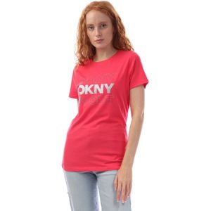 Dames DKNY Glitter Logo Ss Crew Neck T-shirt in Zilver roze