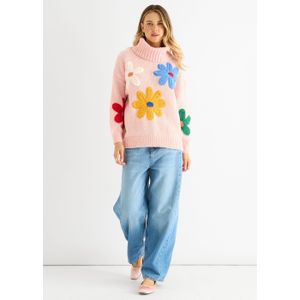 Roze bloemen applicatie oversized trui