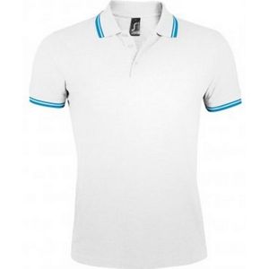 SOLS Heren Pasadena Getipt Korte Mouw Pique Polo Shirt (Wit/Aqua Blauw) - Maat XL