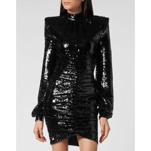 Philipp Plein - Midi Jurk - Zwart - Geplooide Avondjurk met Kristallen