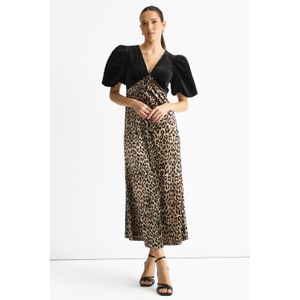 Zwarte midi-jurk met contrasterende top van fluweel met dierenprint