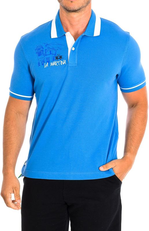 La Martina - Blauw-Witte Polo Shirt - Heren - Katoen - Korte Mouwen