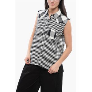 Mouwloos linnenmix overhemd met ruitjesmotief in zwart en wit