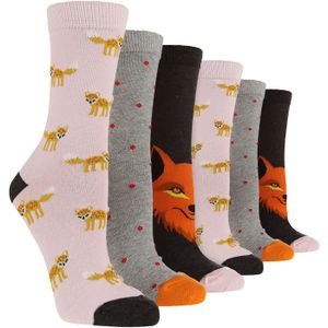 Wildfeet - 6 Paar Multipack Dames Crew Sokken - Leuke Dierenpatroon Sokken - Vos