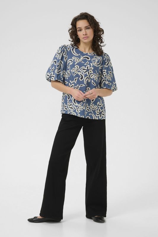 Kaffe - Blouse - Blauw - Dames - ½ Pofmouwen - Ronde Hals