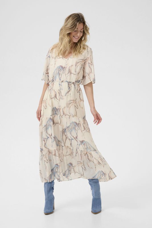 Crème - Crvilma - Jurk - Veelkleurig - V-hals - Gelaagde Rok met Ruches