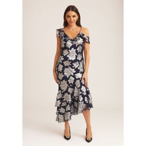 Midi-jurk met gebloemde geknipte gelaagde ruches