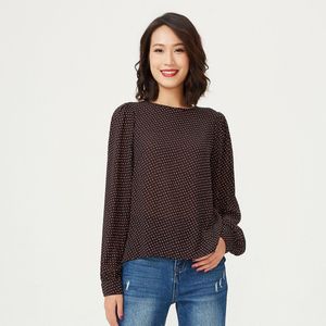 Blouse - Ronde Nek - Mini Vierkante Prints - Lange Mouwen - Comfortabel Silhouet