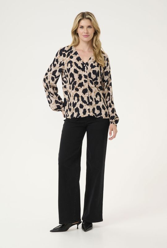 Kaffe - Blouse - Beige/Zwart/Wit - Wijde Blouse - Dierenprint