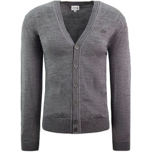 Lacoste - Grijze Wollen Cardigan - Heren - V-hals - Bestand Tegen Pilling