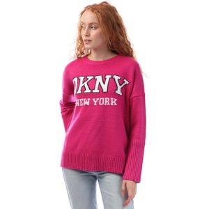 Dames DKNY Varsity Logo Intarsia Crew Neck Knit Sweater in Roze paars