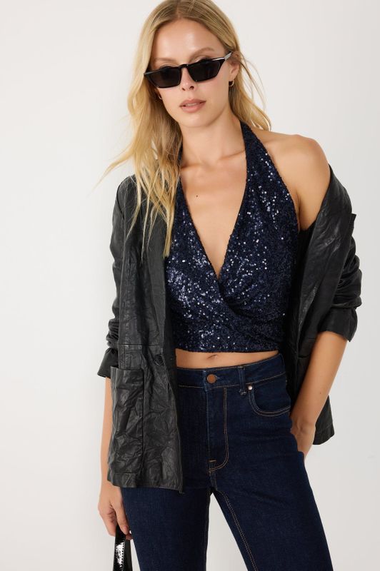 Navy V-hals Achterdetail Dames Blouse