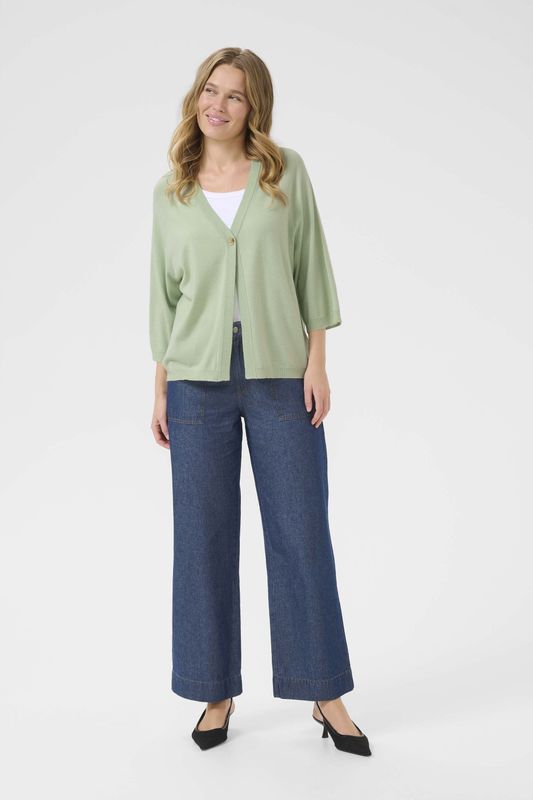 Kaffe - Gebreid Vest - Mintgroen - V-hals - Driekwart Mouw