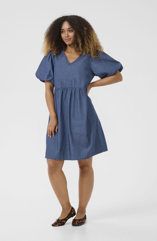 Cream - Denim Jurk - Korte Pofmouwen - V-hals - A-lijn Silhouet