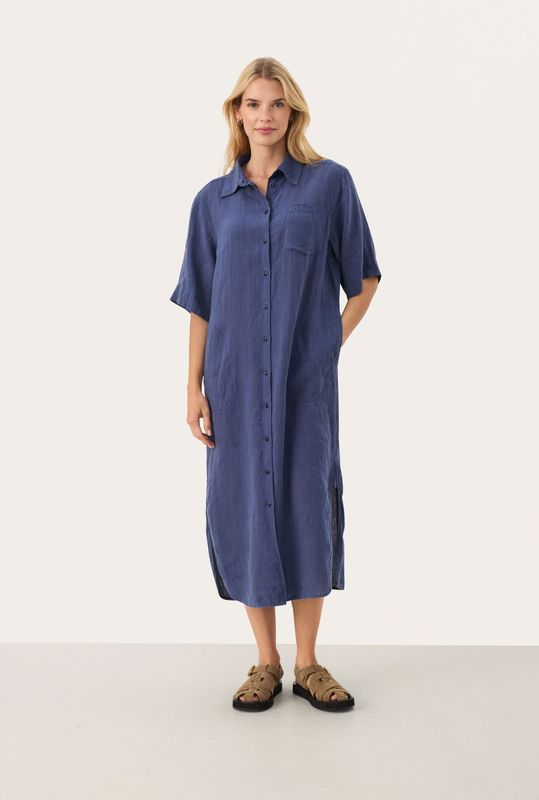 Part Two - Simple Shirt Dress - Blauw - Linnen - Kraag en Knoopsluiting