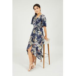 Mela Donkerblauwe Midi-jurk Met Overslagmodel En Bloemenprint - Maat 42