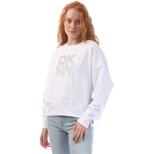 Dames DKNY Gemengd Rhinestone Stud Logo Crew Sweat Shirt in Wit