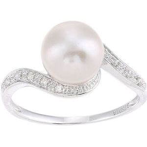 9 ct witgoud, 0,06 ct diamanten met witte gekweekte parelring