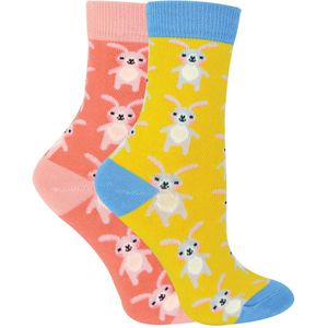 Set van 2 sokken met dierenprint voor meisjes | Miss Sparrow | Casual grappig patroon crew bamboe sokken | Grappige nieuwe sokken voor kinderen - Konijnen