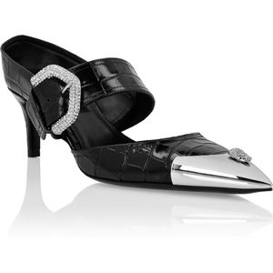 Philipp Plein - Croco Leather Mule Low Heels Skull Strass - Muiltjes - Zwart