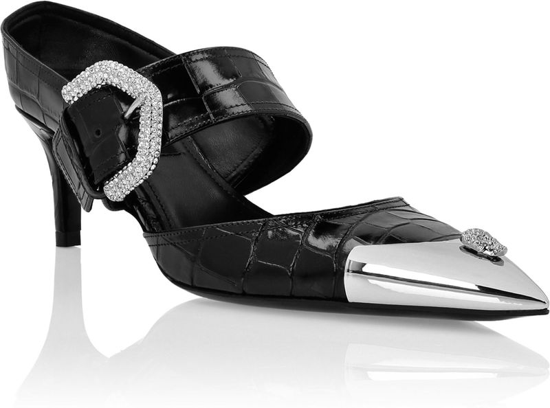 Philipp Plein - Croco Leather Mule Low Heels Skull Strass - Muiltjes - Zwart