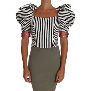 Dolce & Gabbana Dames Wit Zwart Gestreept Gekropt Topje Pofmouwtjes Shirts - Maat 2XL