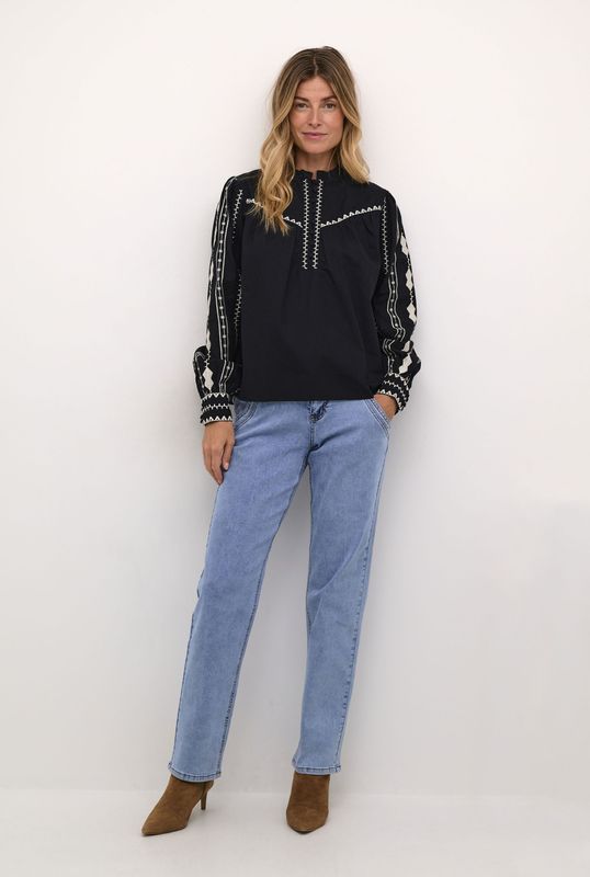 Cream - Blouse 'Gwen' - Beige/Zwart - Wijde Blouse - Lange Mouw