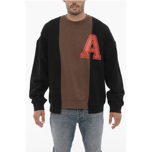 Fleece katoenen VARSITY sweatshirt met ronde hals in Marrone, Nero