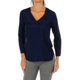 Dames Blouse - Marineblauw - Lange Mouwen - V-hals - Transparant Effect