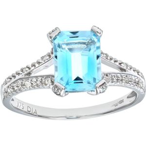 9ct witgouden smaragd geslepen blauwe topaas ring met diamanten schouders