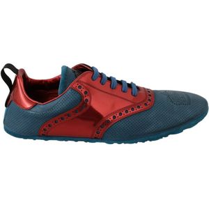 Dolce & Gabbana Heren Blauw Rood Glimmend Leren Kroon Sneakers Schoenen - Maat 45