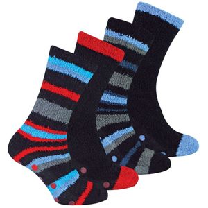 Sock Snob 4 Paar Heren Antislip Pantoffel Gezellige Sokken - Blauwe / Rode Streep - Maat 39 - 45