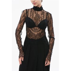 Doorschijnende kanten top met lange mouwen in zwart