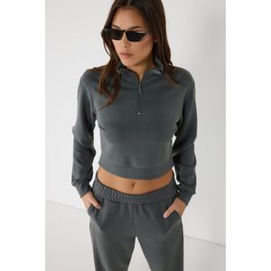Houtskool Zip-Up Crop Sweatshirt