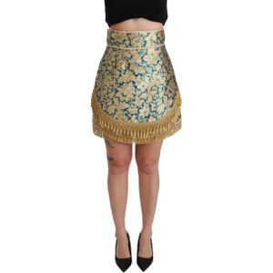 Dolce & Gabbana Damesrok van blauwe hoge taille jacquard, kwastje en goud