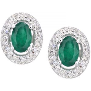 9ct witgouden ovale oorknopjes met diamanten en smaragd