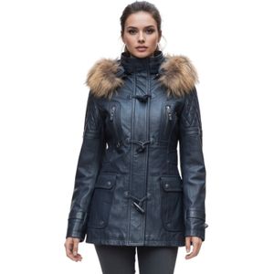 Marineblauwe lamsleren gewatteerde parka met capuchon en bontkraag voor dames - Duchess